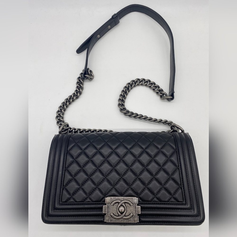 Authentic CHANEL Boy Quilted Flap Bag Black Lambskin Medium